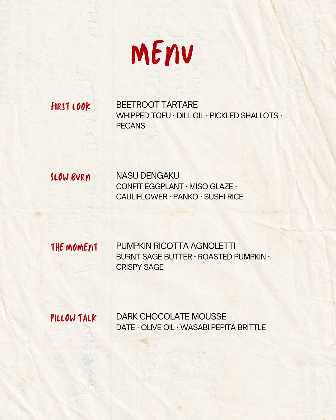 Four-course menu: First Look, Slow Burn, The Moment, and Pillow Talk
