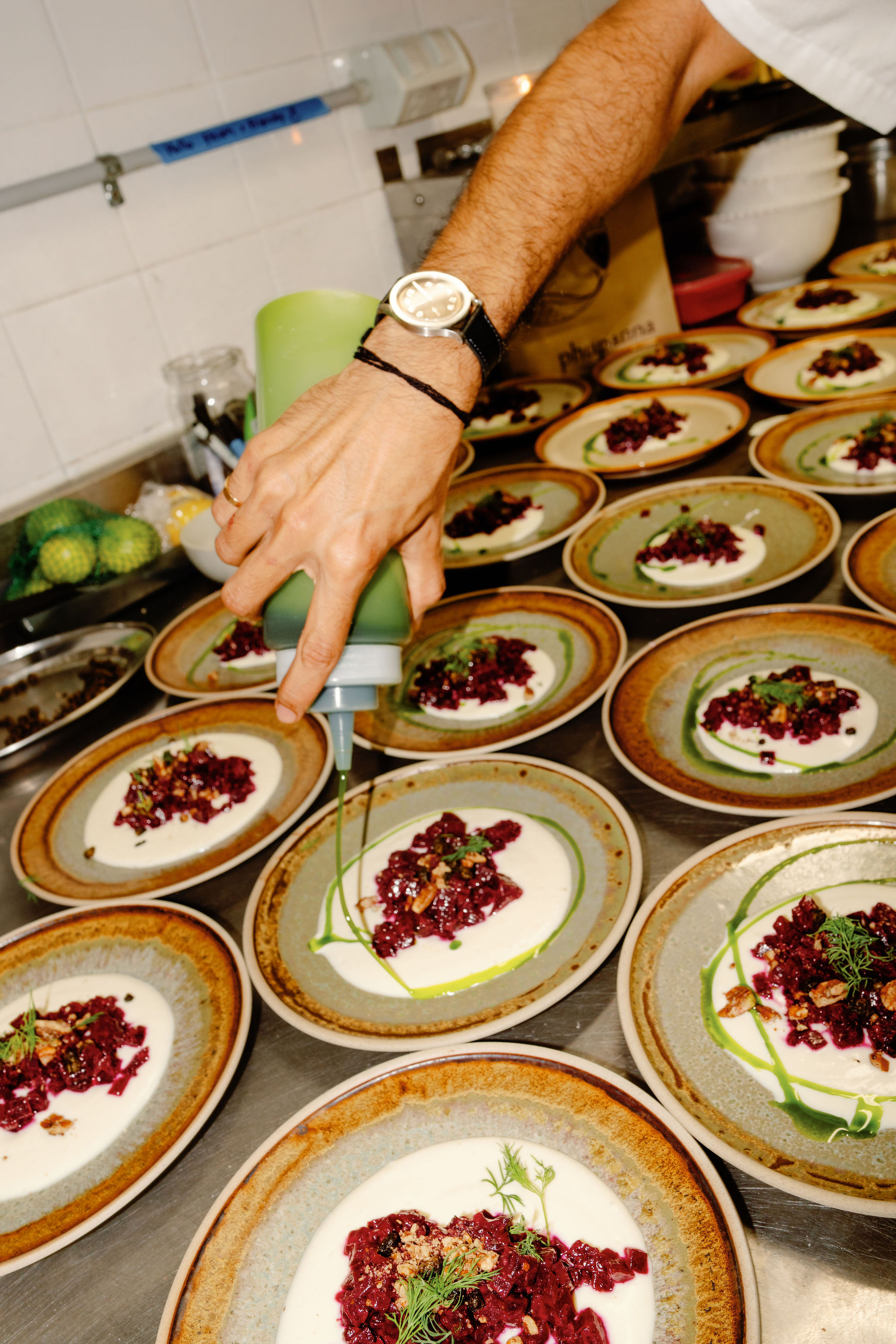 Finishing plates of beetroot tartare